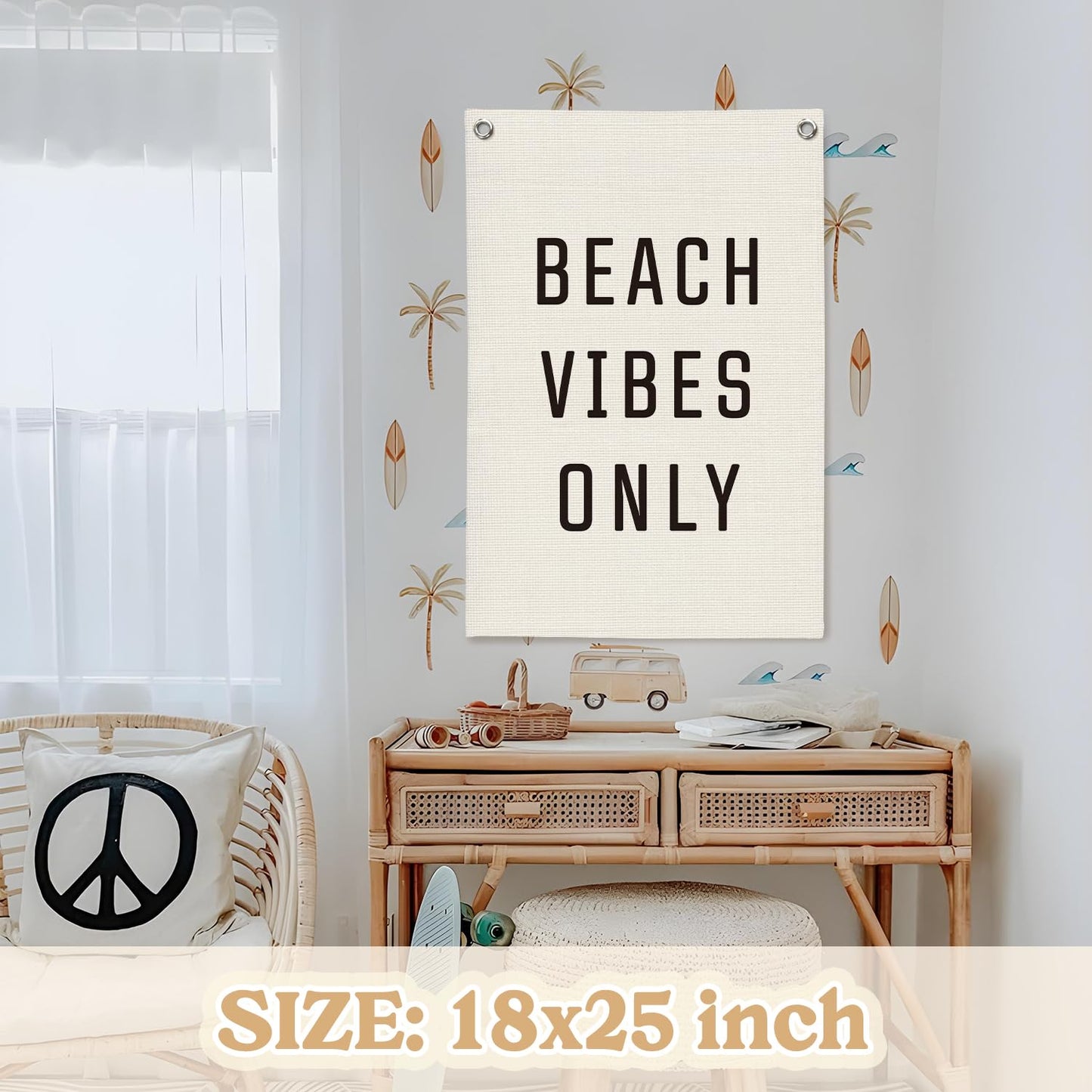 MOFUYU Beach Wall Decor Linen Canvas Banner，Beach Signs Wall Decor Hanging Flag Banner for Homes Playrooms Nursery，Summer Displays, Ocean Themed Bedroom Decor 18x25 Inch