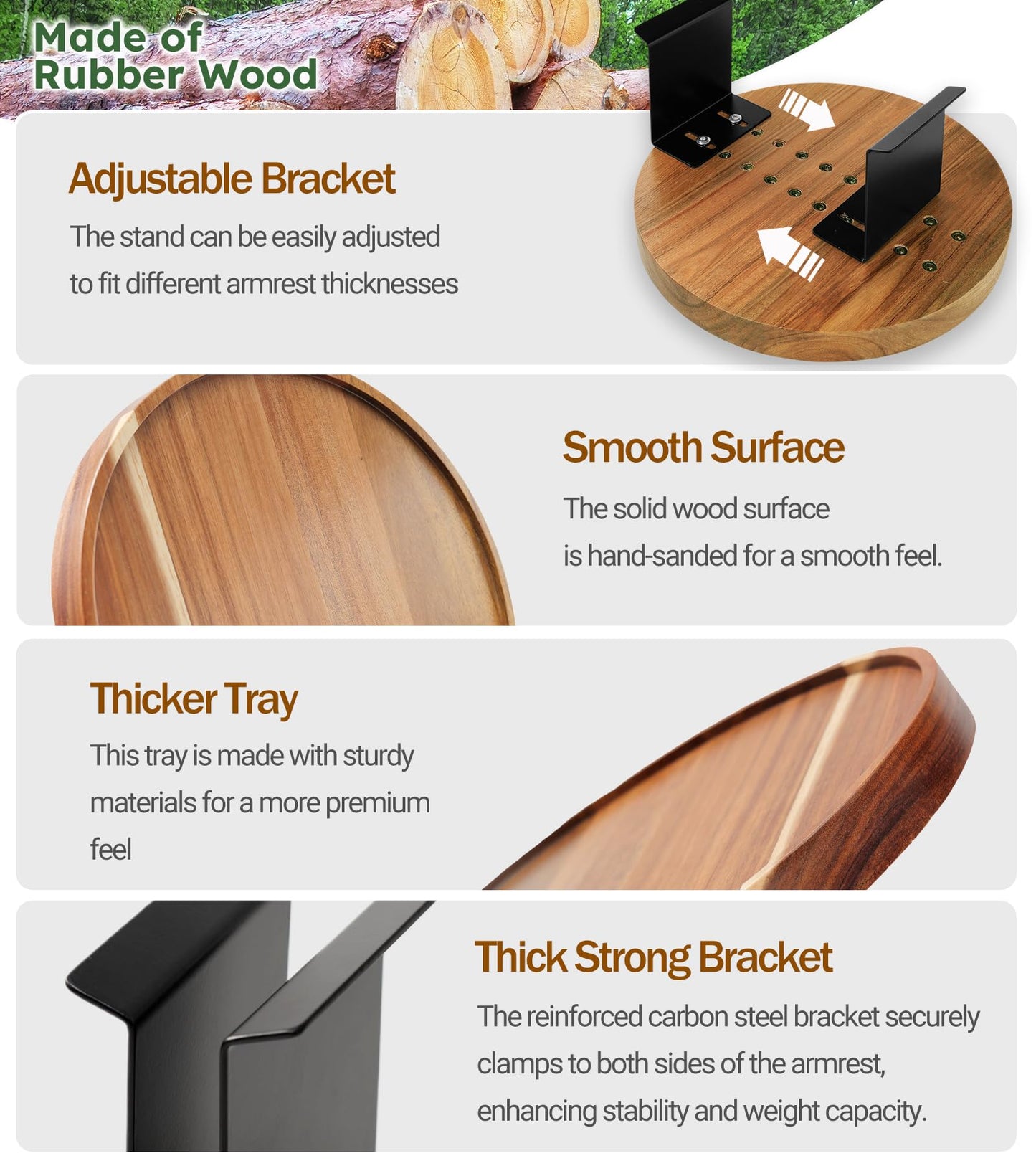 Semjar Acacia Wood Couch Arm Tray Table,Anti-Slip Adjustable Round Sofa Arm Tray,Wooden Armrest Caddy Table for Couches,Arm Chair Companion for Drinks Cellphone TV Remote Snacks