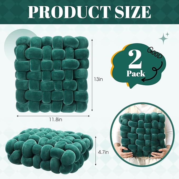 Wenqik 2 Pcs Knot Pillows Square Knotted Plush Throws Soft Accent Pillows Decoration Cushion for Couch Home Office Living Room Bedroom Bed Sofa Decor, 12'' x 13''(Dark Green,Crystal Velvet)