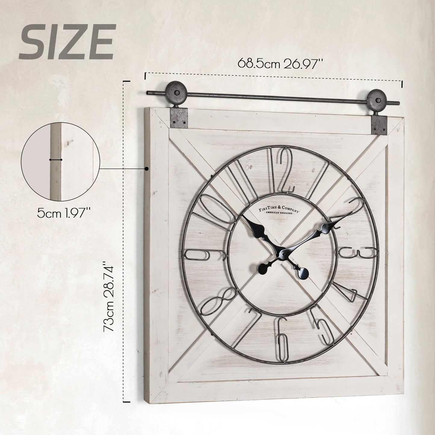 Oakrain Rustic Large Wall Clock, Classic Vintage Hanging Clock, Silent Non-Ticking Square Wall Clock for Living Room Bedroom Office, Numeral, Distressed White, 27''x29''