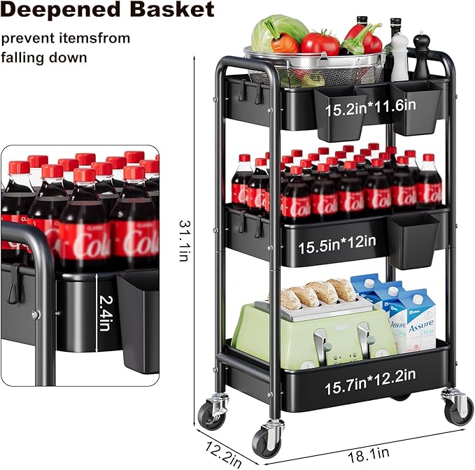 3 Tier Rolling Cart Metal with Wheels, Black Three Tiered Art Cart Organizer on Wheels, Storage Utility Trolley Carts for Kithcen, Craft, Nail, Lash, Makeup, Salon,Bedside, Bathroom, Office, Snack