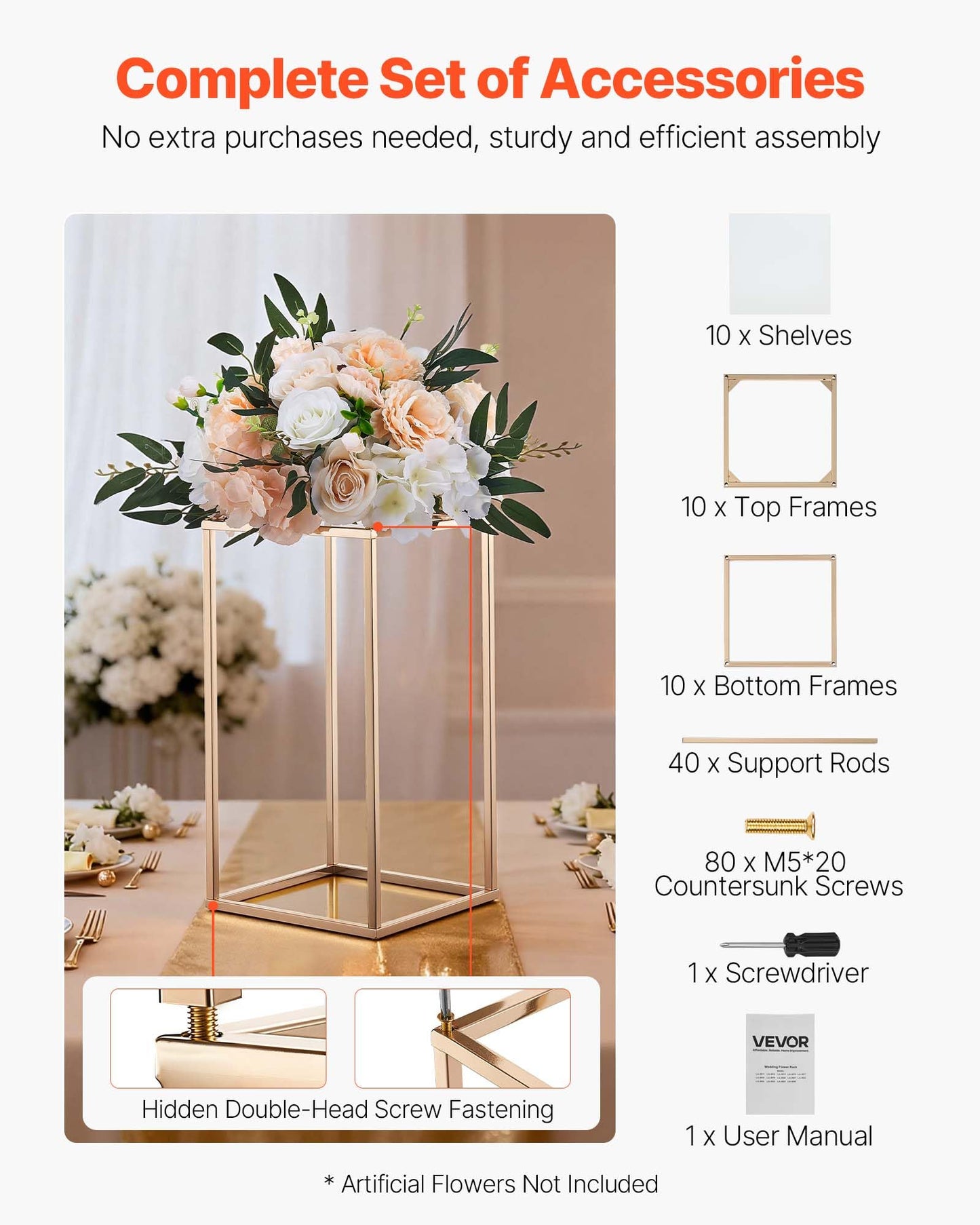 VEVOR Wedding Flower Stand, 10PCS 15.75-inch Column Flower Stand, Floral Stands with Acrylic Laminate, Rectangular Floral Display Rack for Wedding, Party, Birthday, Home, French Gold Centerpiece Stands