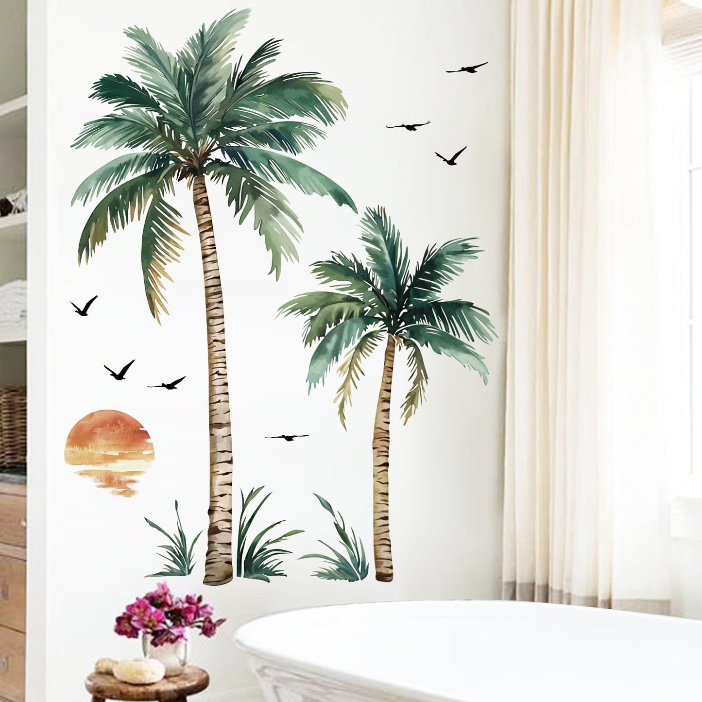 Sunset Palm Tree Wall Decals Sticker,Palm Tree Wall Stickers for Bedroom Office and Living Room