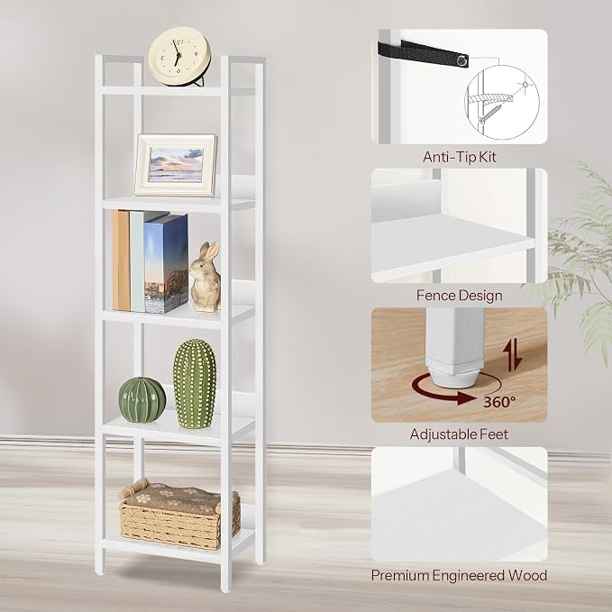 MAHANCRIS Bookshelf, 5-Tier Bookcase, Standing Book Shelf for Small Space, Storage Shelf Organizer, for Living Room, Bedroom, Study, Balcony, White BKBW5501