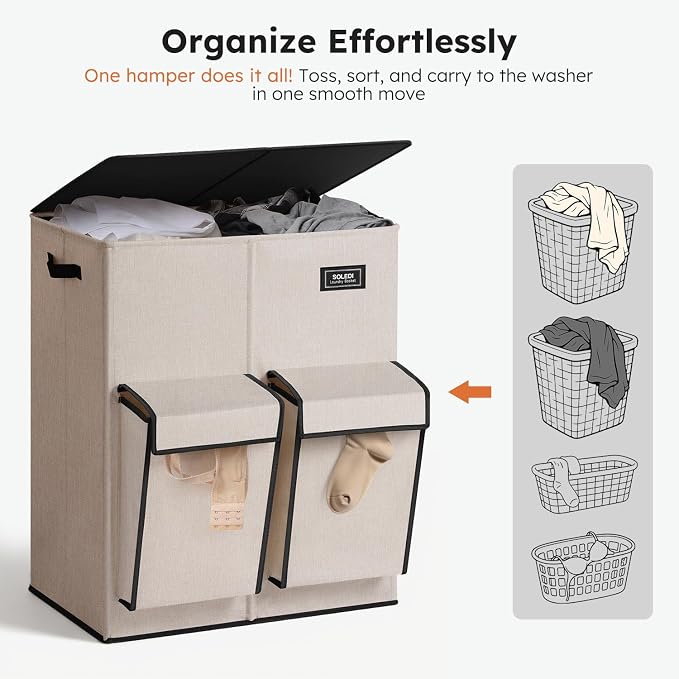 SOLEDI Double Laundry Hamper with Lid, 47.8 Gal (180L) Large Laundr Basket 2 Section with 2 Side Pockets, Dirty Clothes Hamper with Removable Bag, Easy to Carry for Laundry Room, Bedroom, Light taupe