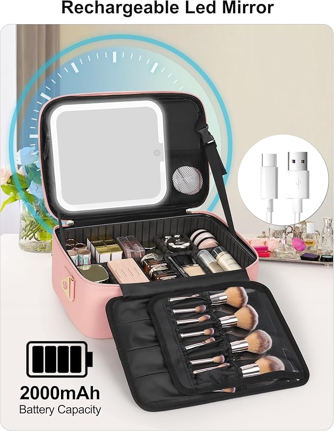 Relavel Travel Makeup Bag With LED Mirror, Portable Cosmetic Bag Organizer with Adjustable Brightness in 3 Color Scenarios, Professional Large Cosmetic Train Case with Shoulder Strap - Pink