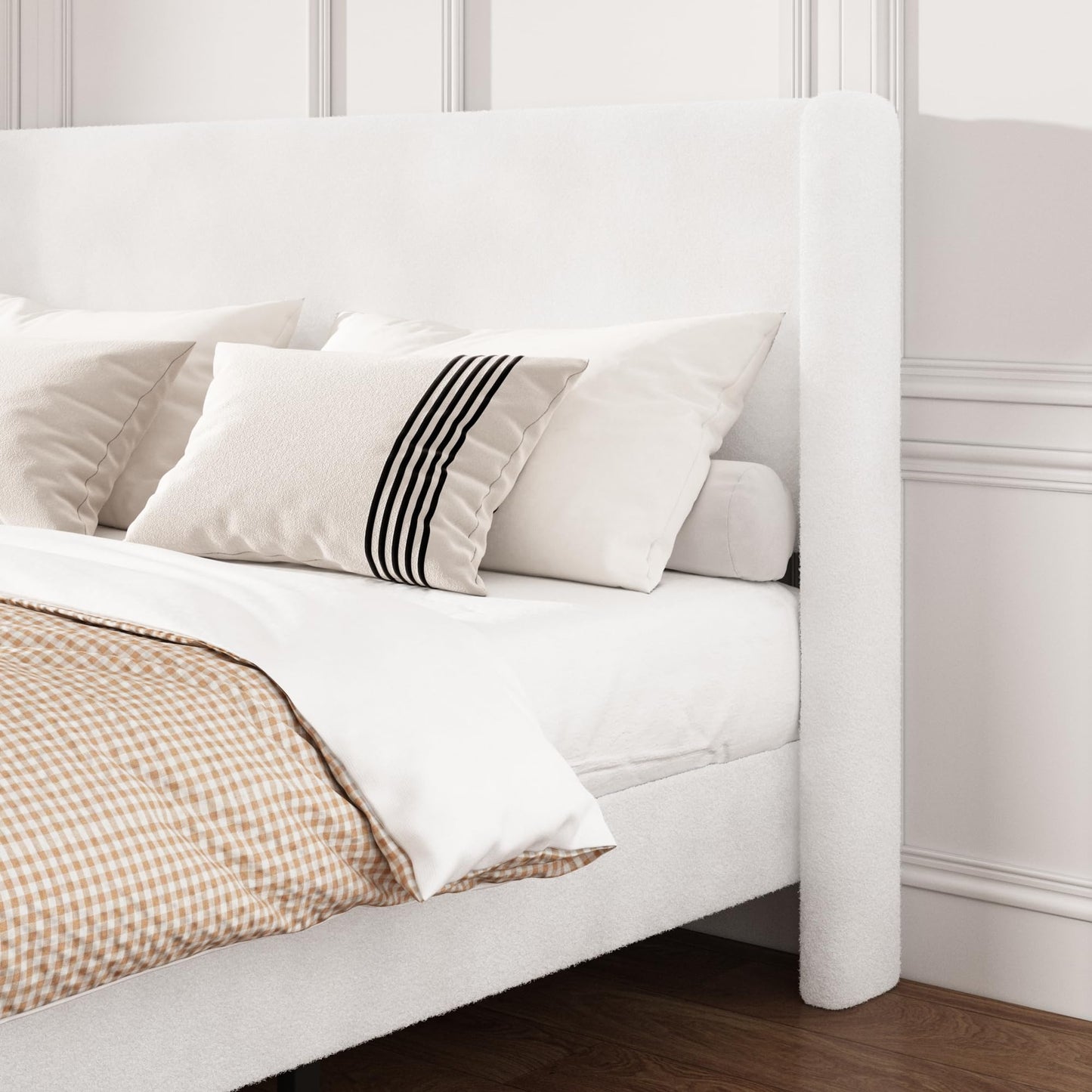 Mxhtcewz Queen Boucle Bed Frame, Platform Bed with Upholstered Wingback Headboard, Strong Wooden Slats Support, Noise-Free, Easy Assembly, No Box Spring Needed, White
