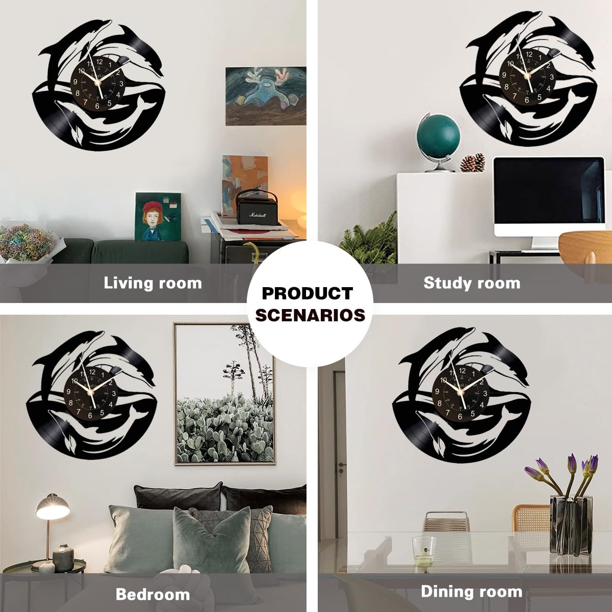 KingLive Dolphin Fish Vinyl Record Wall Clock 12 inches (30 cm) Black Modern Decorative Wall Clock Home Office Kids Bedroom Wall Creative Gifts