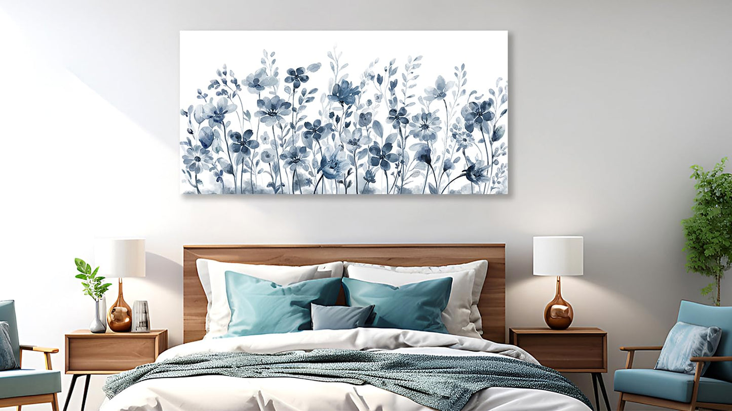 Large Flowers Wall Art for Living Room Decor Framed Art Indigo Wildflower Canvas Pictures Abstract Artwork Navy Blue Floral Canvas Prints for Bedroom Kitchen Home Office Wall Decor 24" x 48"
