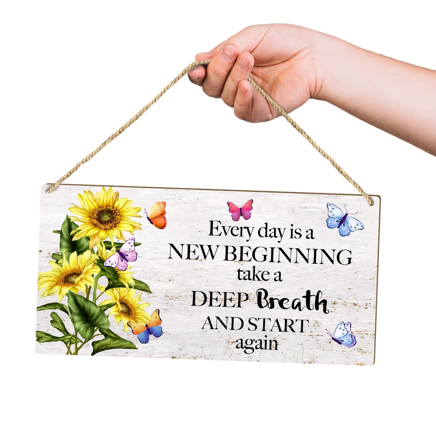 Butterfly Front Door Inspiration Wooden Hanging Sign, Every Day is a New Beginning Take a Breath Rustic Hanging Wall Plaque Sign, Wooden Art Printed Decor Gift for Outdoor Indoor Home -22