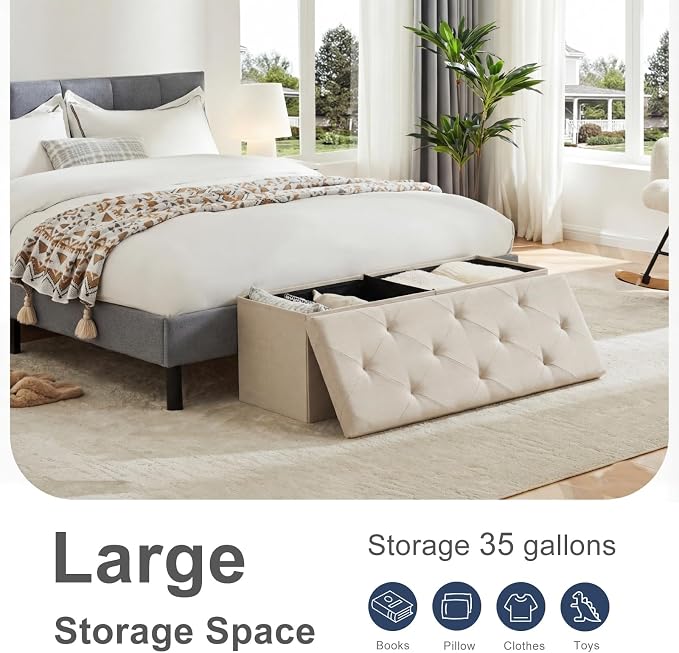 DUMOS 43 Inch Folding Storage Ottoman Bench, Large Hidden Storage Chest withThicker Foam Padded Seat, End of Bed Foot Rest Stool for Bedroom Living Room Entryway, Load 660 lbs, Beige