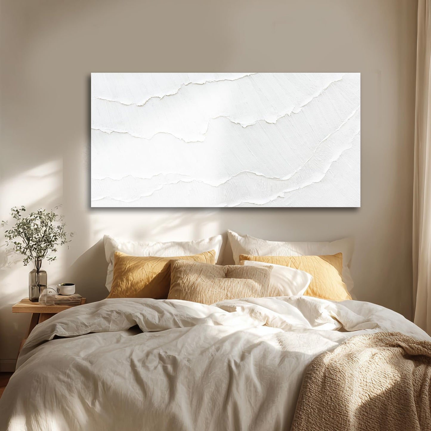 WINKAILIN White Abstract Textured Wall Art Modern 24x48 inch Canvas Ocean Wave Artwork Minimalist Hand-drawn Painting Contemporary White Posters Print for Living Room Bedroom Office Décor
