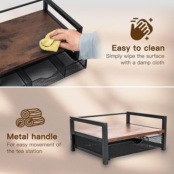 Tea Bag Organizer Holder, Wood Tea Box Organizer with 6 Compartments Storage Drawer, Rustic Brown Tea Station Chest, Countertop Display Storage Container Box for Kitchen Tea Station Chest