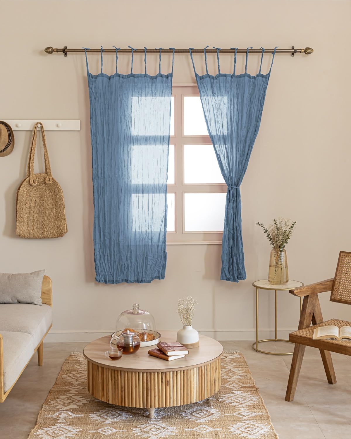 TARAN LIVING Sheer Crinkle Curtain Panel Set of 2, 100% Natural Washable Cotton Window Treatment Rod Pocket Curtain Panels for Kitchen, Bedroom and Living Room - Blue, Window - 42"x63"
