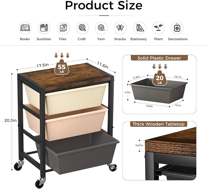 Rolling Cart with 3 Drawers, Plastic Drawer Storage Carts with Lockable Wheels & Wooden Tabletop, Metal Art Craft Utility Cart Organizer for Home Office Bedroom Dorm Bedside Classroom, Dark Brown