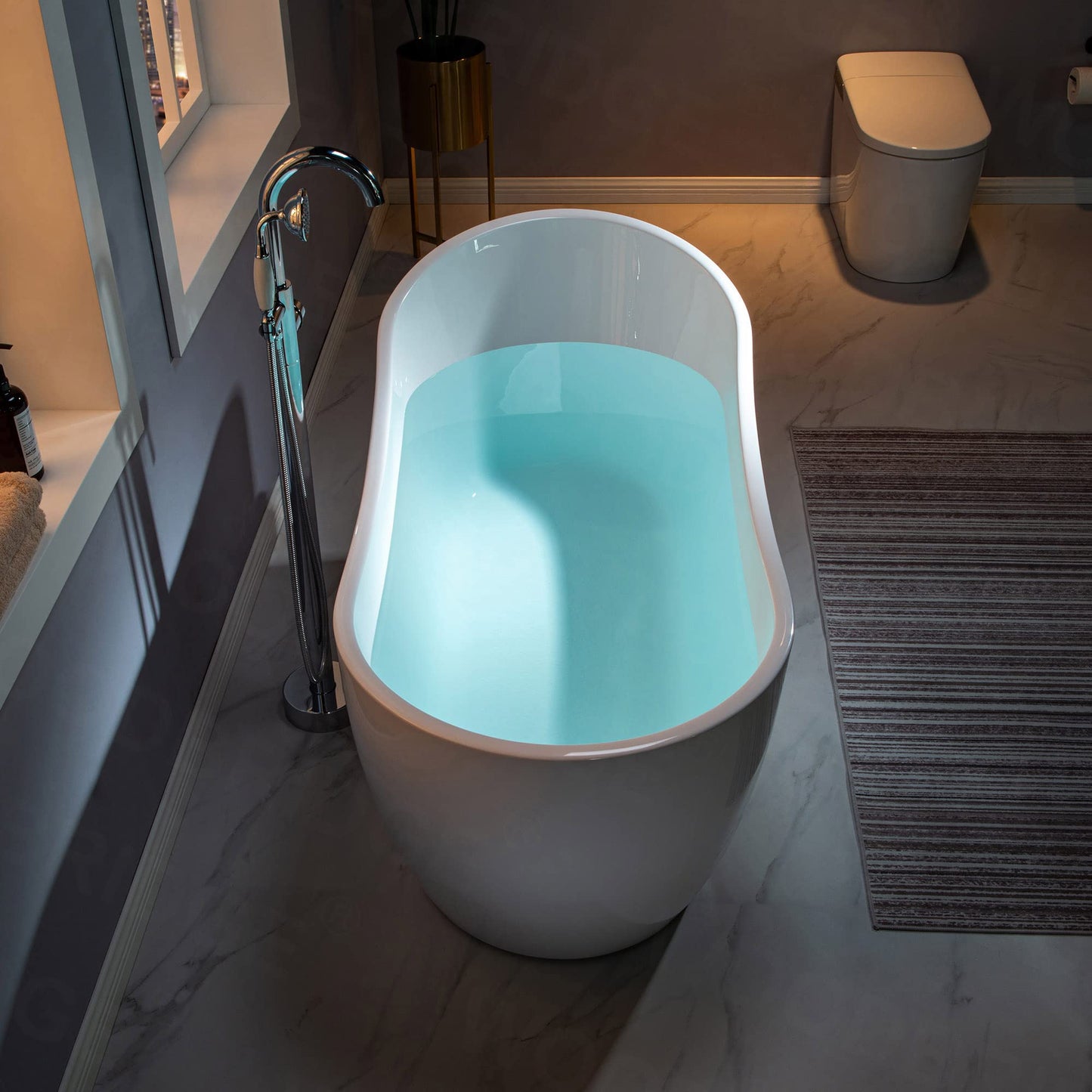 WOODBRIDGE 59" Acrylic Freestanding Bathtub Contemporary Soaking White Tub with Brushed Gold Overflow and Drain，B1530-BG-Drain&O