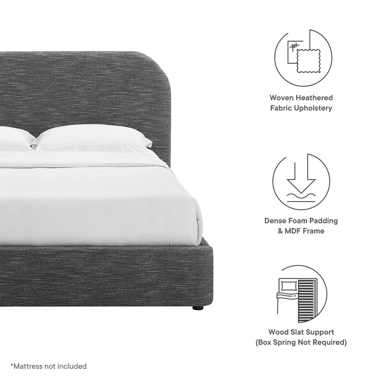 Modway Keynote Modern Queen Bed Frame with Curve Shaped Headboard in Heathered Weave Slate, Woven Heathered Fabric Upholstery, Queen Size Platform Bed, Soft Cloud Bed Frame, No Box Spring Needed