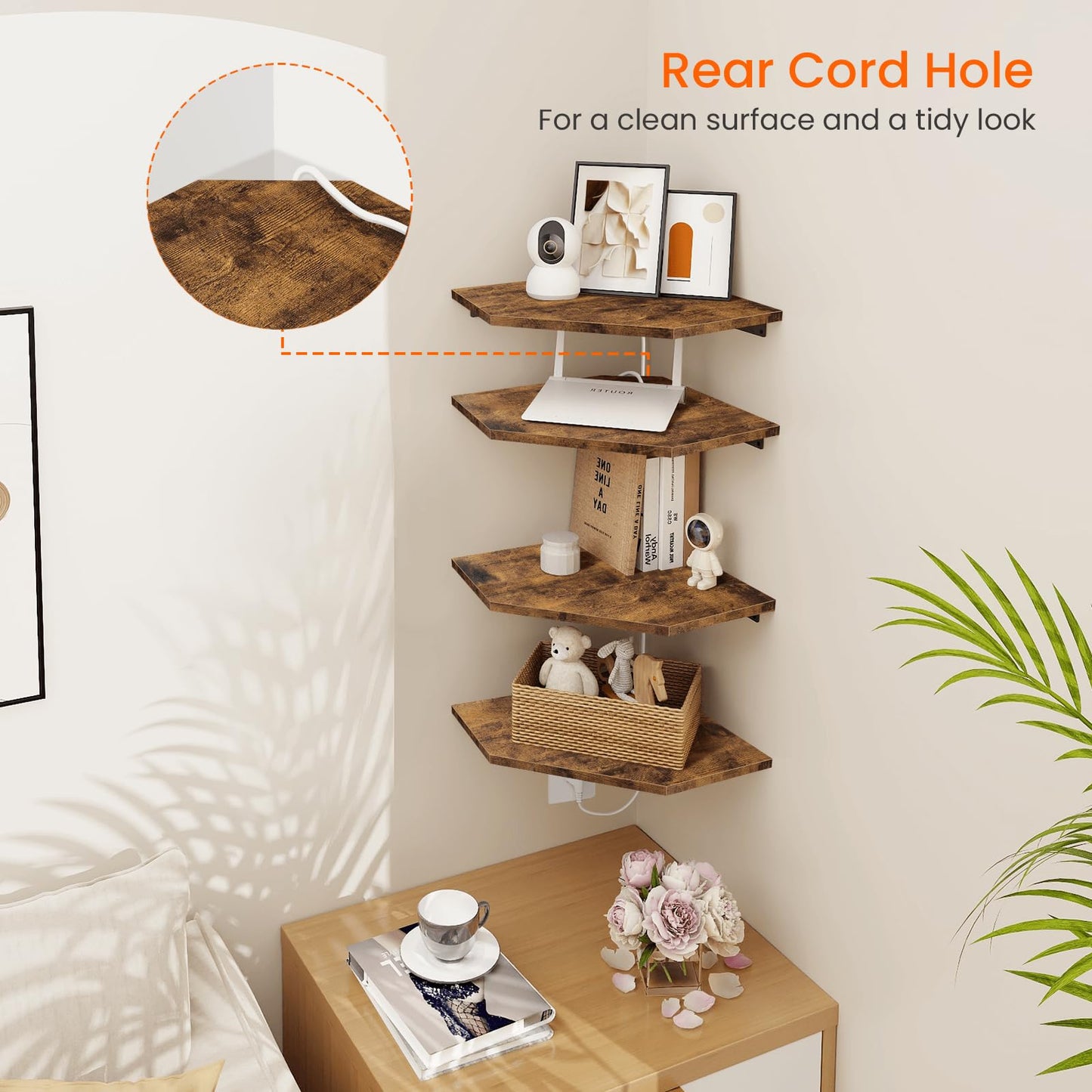 Homode Corner Shelf Wall Mount, Set of 4 Floating Corner Shelves with Cord Hole for Cable Box, Wood Corner Hanging Shelves for Bathroom Bedroom Kitchen, Rustic Brown