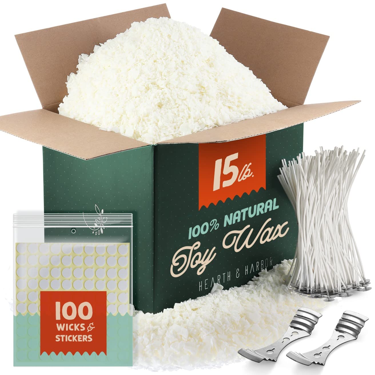 Hearth & Harbor Soy Candle Wax for Candle Making, Natural Soy Wax for Candle Making 15 lb Bag with Supplies, 100 Cotton Candle Wicks, 100 Wick Stickers, 2 Centering Devices - 15 Pounds Soy Wax Flakes