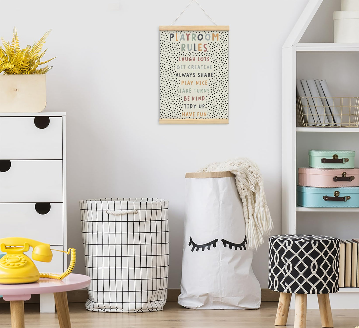 Playroom Kids Tollder Room Wall Decor, Play Room Rules Wall Decor for Kids Play Game Room Bedroom Nursery Home School Playroom Essentials, Canvas Hanging Banner Wood Poster Frameds 12x16 Inch