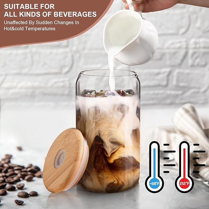 DWTS DANWEITESI Iced Coffee Cups with Lids 2 pcs,16 oz Glass Cups with Lids and Straws as Coffee Bar Accessories,Beer Drinking Glasses,Reusable Glass Tumbler,Cute Coffee Cups for Coffee, Juice, Gifts