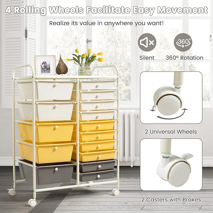 LDAILY 15 Drawer Rolling Storage Cart, Rolling Cart with Drawers for Classroom, Art Supply Craft Organizer on Wheel with Metal Frame & Handles for Home Office School