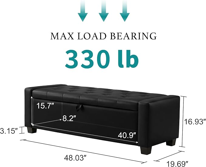 Huatean Home 48" Ottoman with Storage, Storage Ottoman Bench with Safety Hinge, Upholstered Entryway Bench with Seating for Bedroom, Living Room, Holds up to 330 lb, Light Black