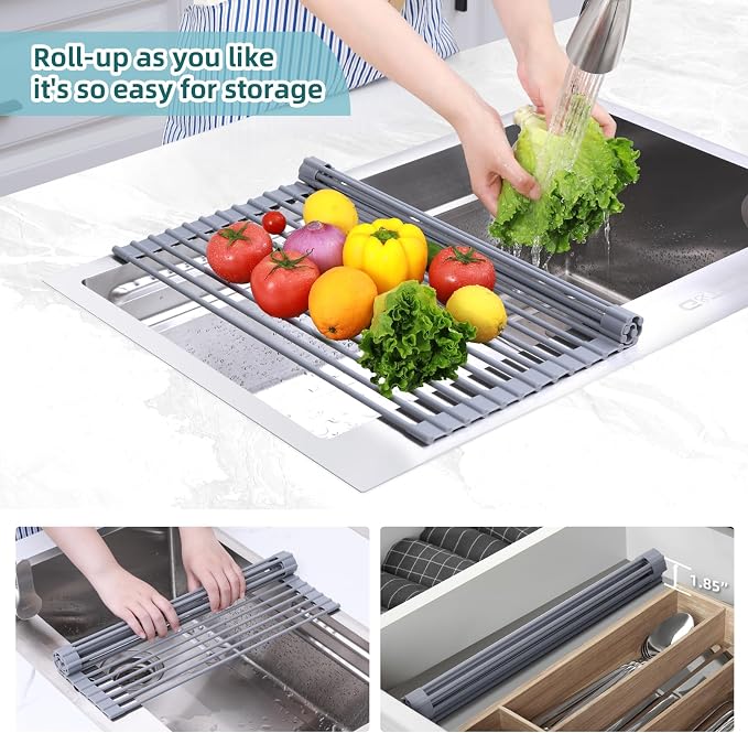 Ohuhu Roll Up Dish Drying Rack, Over The Sink Multipurpose Roll-Up Dish Racks, 16.5" W x 13" L Rolling Heat-Resistant Anti-Slip Silicone Coated Dish Drainer Portable Foldable for Kitchen Counter