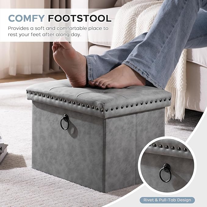 oakvivo Storage Ottoman Cube 16x12x12 inches, Small Faux Leather Tuffed Foot Rest Stool with Rivet Design, Foldable Ottomans Footstool, Box Chest for Bedroom, Entryway, Load 242 lb, Grey