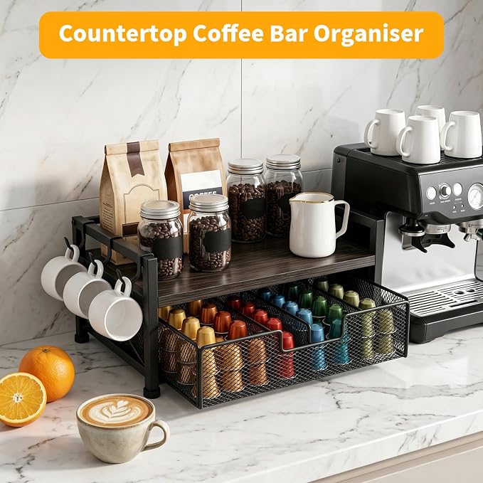 Tea Bag Organizer, Teabag Holder with Storage Drawer, Wood Tea Organizers and Storage Chest, Tea Station Chest Display Container Box for Countertop Kitchen (Grey)