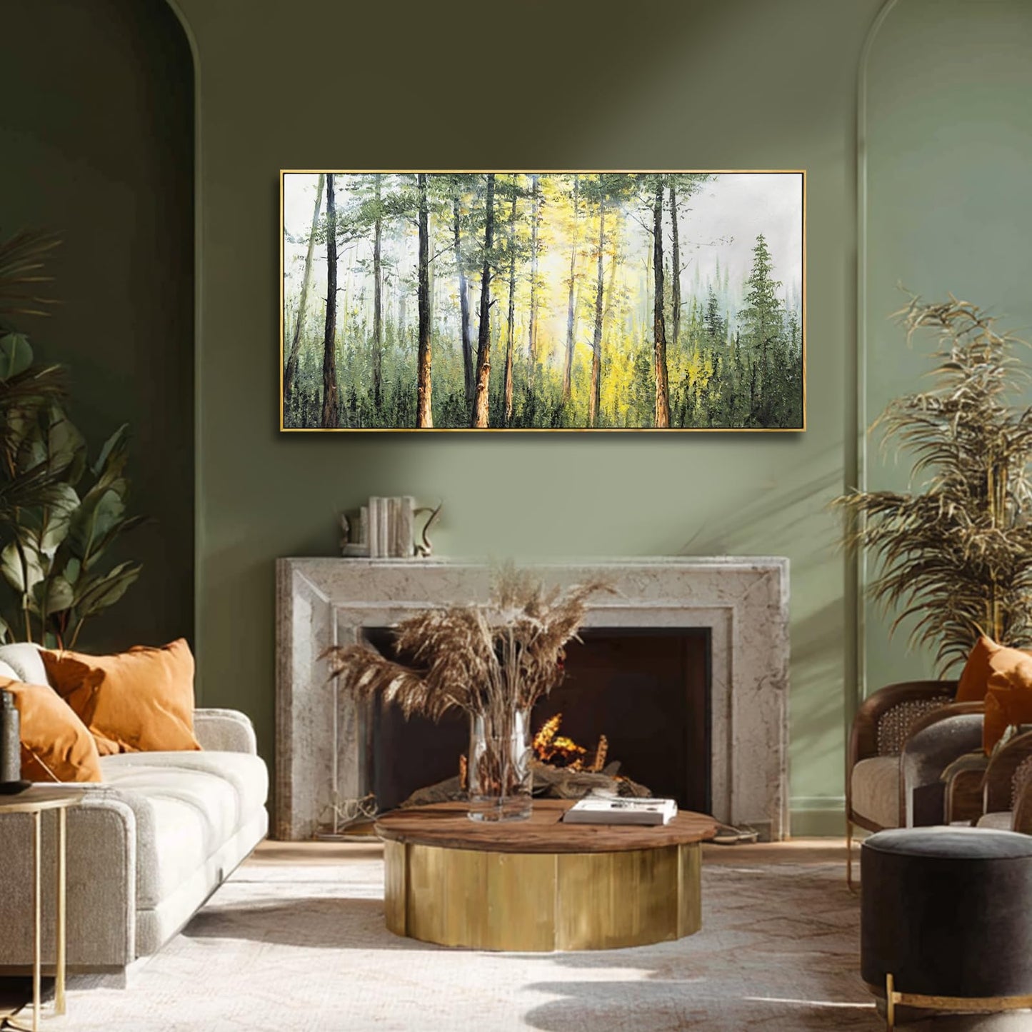 Landscape Framed Canvas Wall Art,Green Nature forest Artwork Prints,Tree Sunrise Scenery Wall Decor for Living Room Bedroom Office 24"x48"