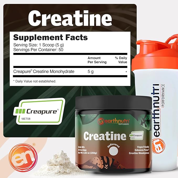 EarthNutri Creatine Monohydrate Powder - Pure Creatine Supplement for Muscle Strength, Strength & Performance – Non-GMO, Sugar-Free, Additive-Free – for Men & Women, Unflavored 250g