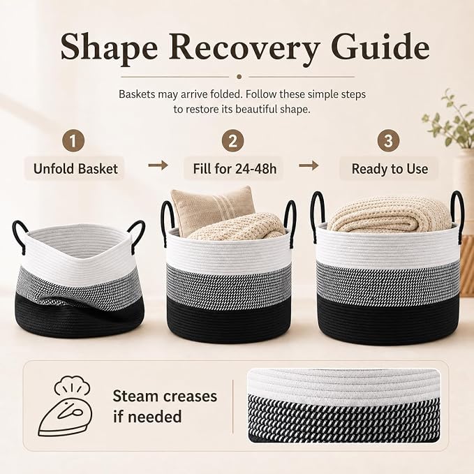 JMvicyroam 65L Extra Large Blanket Basket for Living Room - Woven Cotton Rope Laundry Hamper with Reinforced Handles - Storage Bin for Pillows, Comforters & Toys - Machine Washable,White&Black Mix