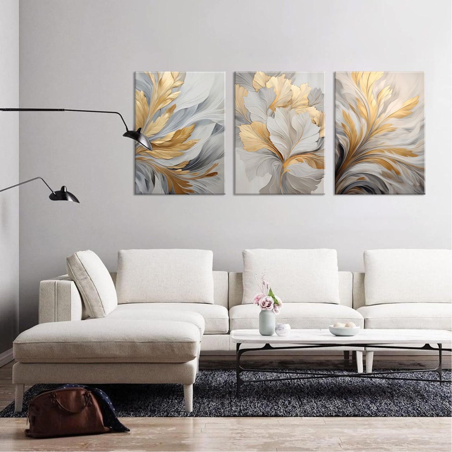 3Pcs Modern Abstract Golden White Leaves Canvas Wall Art Neutral Botanical Wall Decor Pictures Luxury Posters Prints for Living Room Bedroom Office Home Decorations, 12x16in