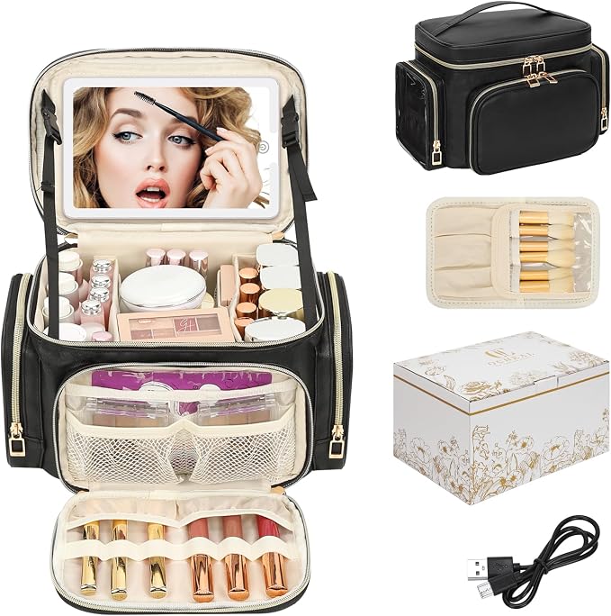 Large Makeup Bag with LED Mirror, Travel Makeup Bag Organizer for Women Girls with Makeup Brush Compartment & Two Side Pockets, 3 Color Lights Cosmetic Toiletry Bag- Leather Black
