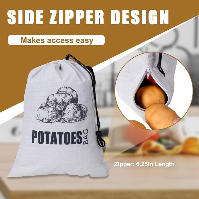 Potato Onion Garlic Storage Bag, Fabric Onion and Potatoes Storage Bag, Washable Garlic Potatoes Onions Keeper with Drawstring, 3 Pack (Garlic Onion Potato Bag)