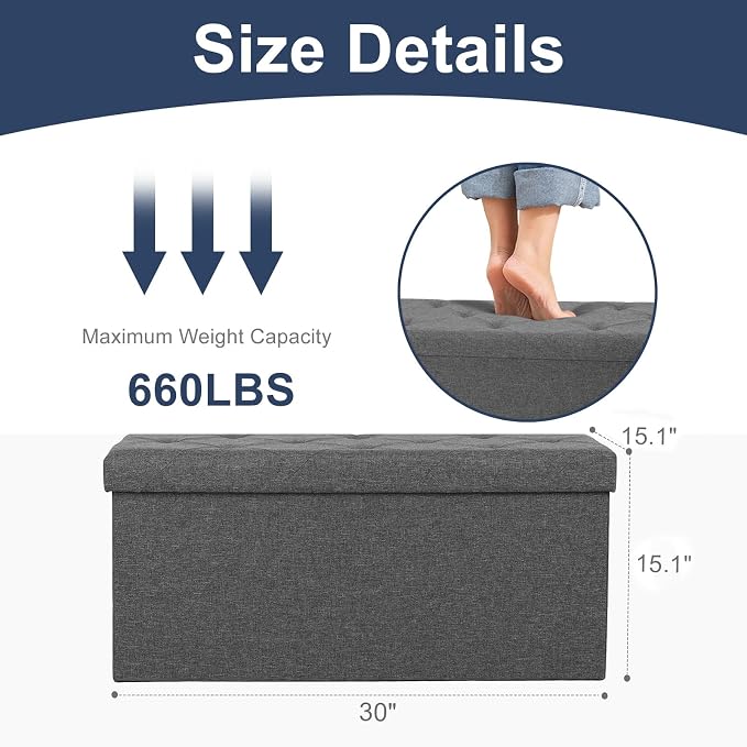 DUMOS 30 Inch Folding Storage Ottoman Bench, Large Hidden Storage Chest withThicker Foam Padded Seat, End of Bed Foot Rest Stool for Bedroom Living Room Entryway, Load 660 lbs, Grey