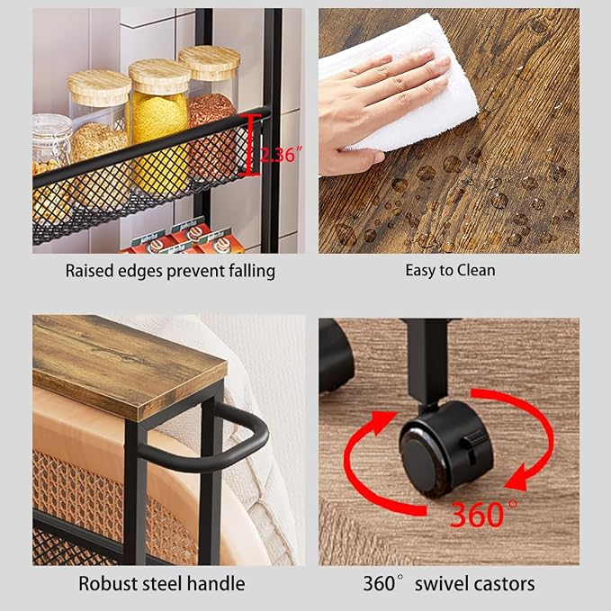 AZERPIAN Slim Rolling Cart 4 Tier Narrow Storage Cart on Wheels with MDF Board Top and Metal Handle for Small Space Kitchen Living Room Home Office Pantry Bathroom Laundry Room(16.54×5.12×30.31 inch)