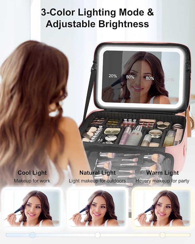 Relavel Large Makeup Case with LED Mirror, Train Cosmetic Case with Separate Brush Board, Professional Makeup Organizer Storage with Detachable Dividers for Makeup Artists, Hairstylist - Pink