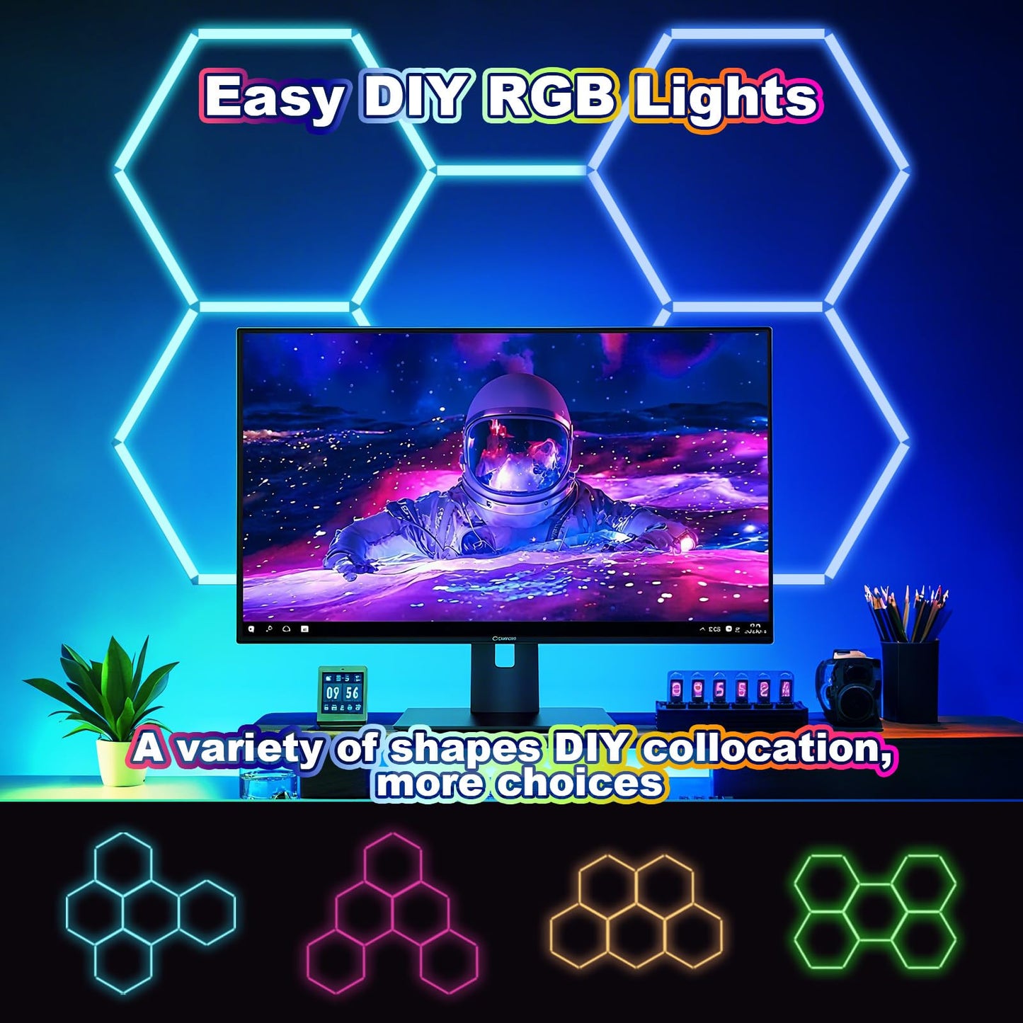 Hexagon LED Lights RGB，Hexagon Garage Lights Color Changing, Dimmable Linkable DIY with Music Sync, Adjustable Speed Hex Lighting for Gaming Room, Bar Club, Home Party, Gym (5 hex)