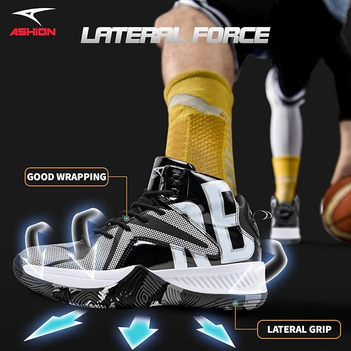 ASHION Mens Basketball Shoes Lightweight Breathable Sneakers Anti Slip Sports Shoes for Running Walking Mid Top Sneakers