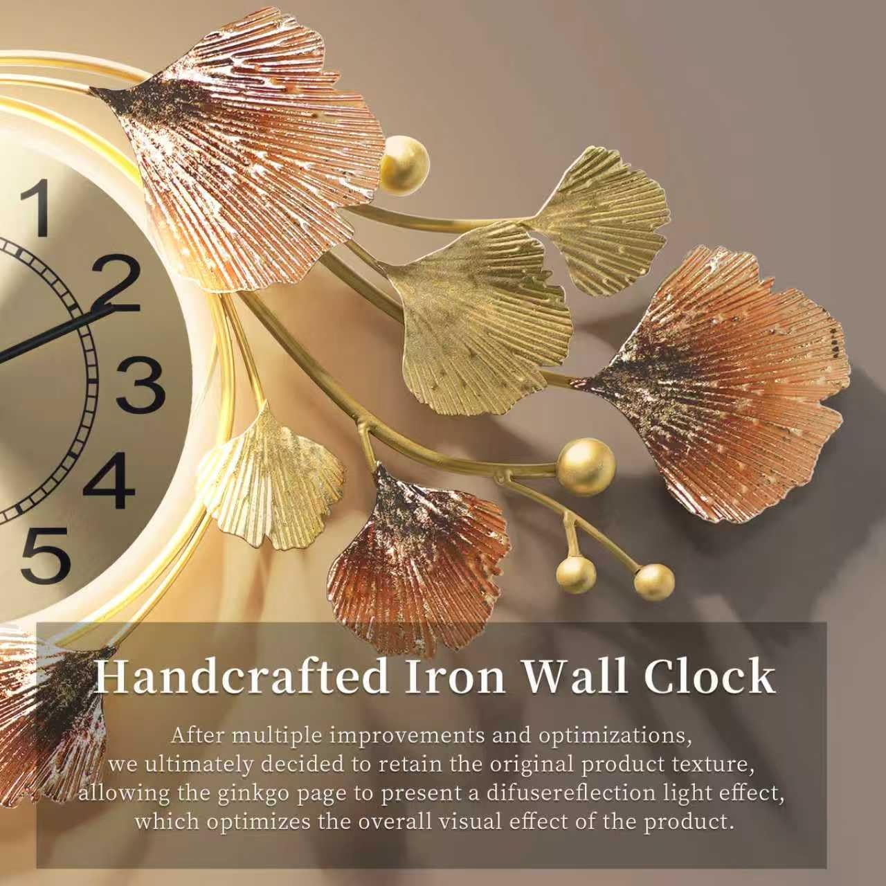 HEBOIX Large Wall Clocks for Living Room Decor with Silent Quartz Movement and 3D Ginkgo Leaf Modern Stylish Decorative Metal Wall Clock for Living Room/Bedroom/Office/Bathroom Wall Art