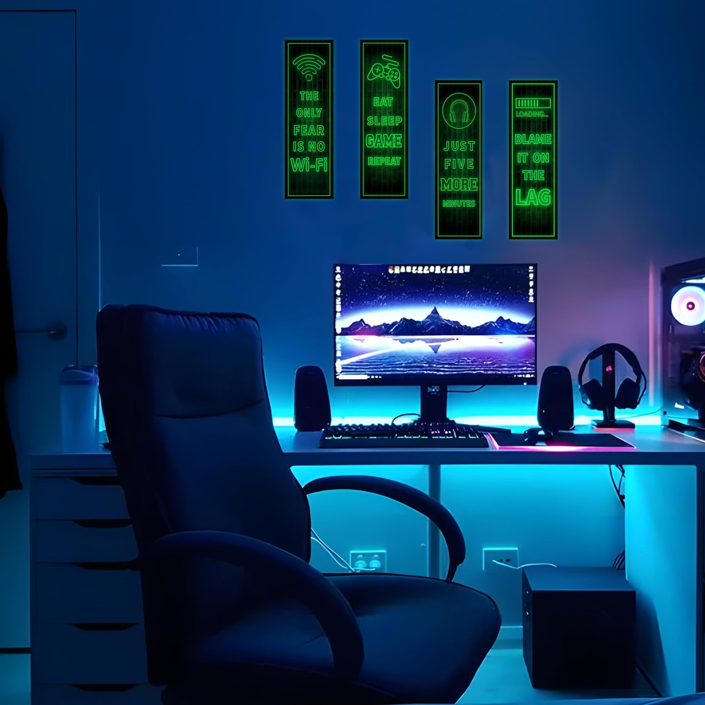Eat Sleep Game Wall Decals Glow in The Dark, Gamer Controller Stickers Decor for Boy Bedroom, Joystick Video Gaming Kids Playroom Nursery Decoration (Green)