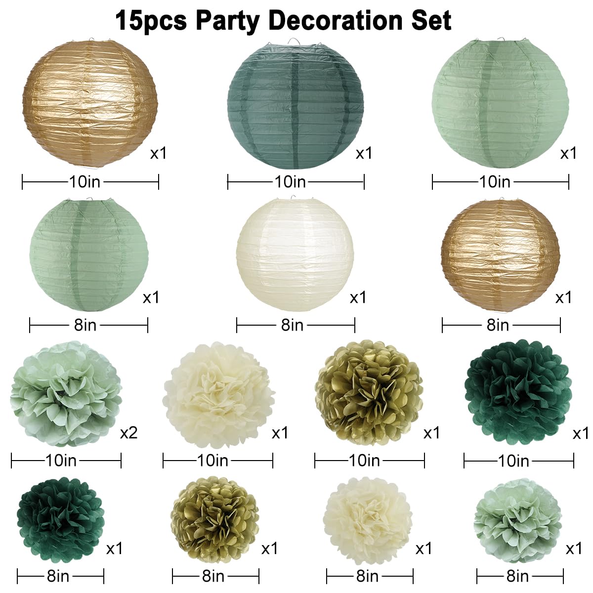 zilue Sage Green Party Decorations, Paper Lanterns and Pom Poms Flowers for Birthday Party Baby Shower Wedding Shower Decor Gold/Ivory/Sage Green 15pcs