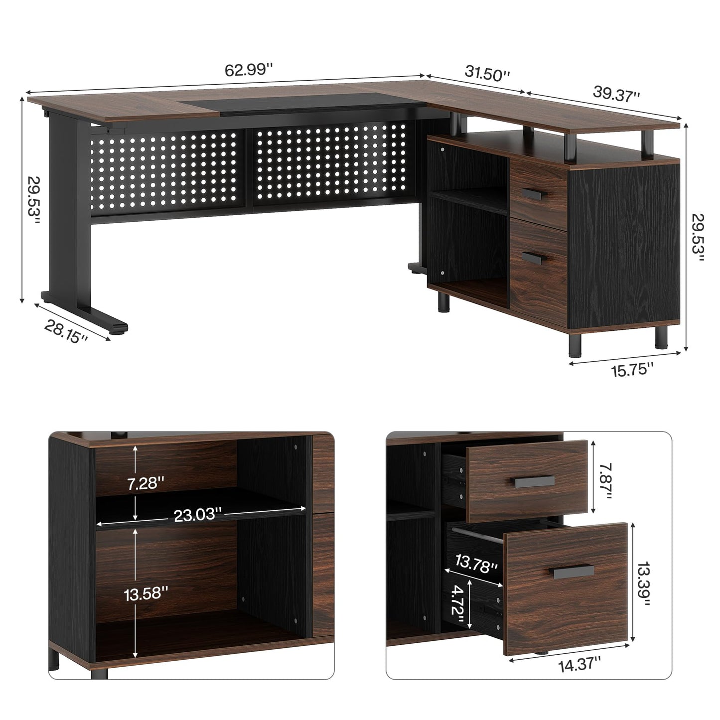 Tribesigns 63 Inch Executive Desk with File Cabinet, Large Office Desk L Shaped Computer Desk with Drawers and Storage Shelves, Business Furniture Desk for Home Office, Dark Walnut and Black
