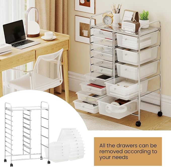 Giantex 15 Drawer Rolling Cart with Drawers, Storage Organizer Cart for Classroom Office School Teacher, Mobile Drawer Cart for Tools, Crafts, Small Printer, Clear