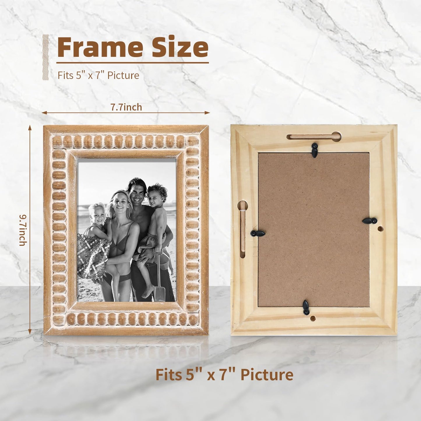 MACVAD Large Rectangular Natural Wood Picture Frame With Decorative Beads- Perfect for 5X7 Single Photos - Farmhouse Gift Idea for Family and Friends