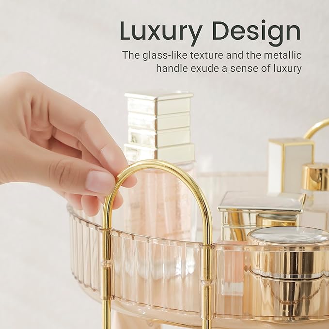 Aveniee Rotating Makeup Organizer for Vanity, Premium Solid Metal Pole Sturdy Construction, Perfume Storage for Bathroom Countertop, Clear Spinning Counter Shelf Cosmetic Holder for Dresser,Gold