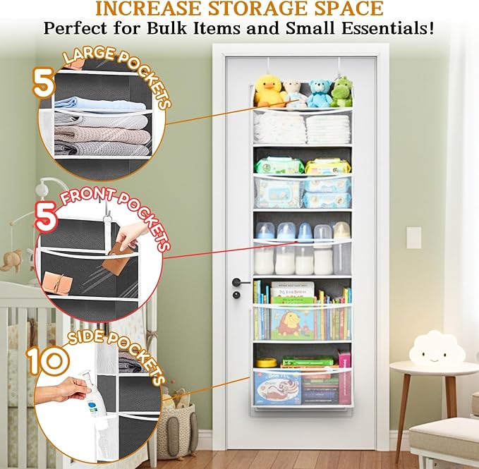Ofiray-home 2 Pack Over Door Organizer with 5 Large Pockets, 5 Transparent Front Pockets & 10 Mesh Side, 50 lbs Weight Capacity Hanging Storage for Toys, Shoes, Diapers, Pantry