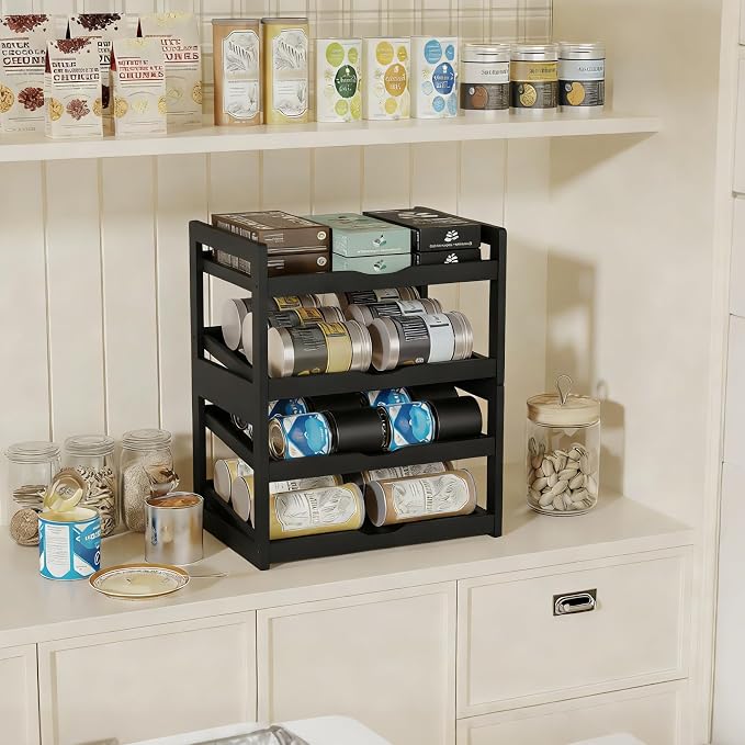 BAMBANG Can Organizer for Pantry, Detachable Bamboo 4 Tier Stackable Can Food Storage Rack, Rolling Soda Can Dispenser Can Holders for Cabinet, Holds Up to 48 Cans, Black